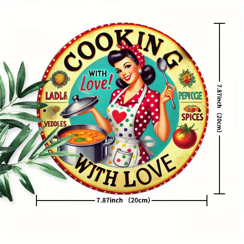 Rundes Metallschild HELLOYOUNG Cooking with Love Wanddekoration in Multicolour mit Retro-Design und Herz-Motiven, Durchmesser: 20 cm - Bild 3