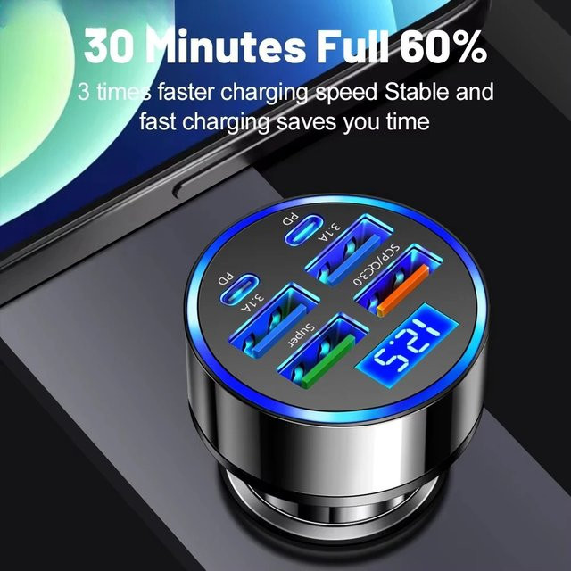 100 W Autoladegerät mit 6 Ports und USB-C PD Schnellladung in Schwarz - Bild 1