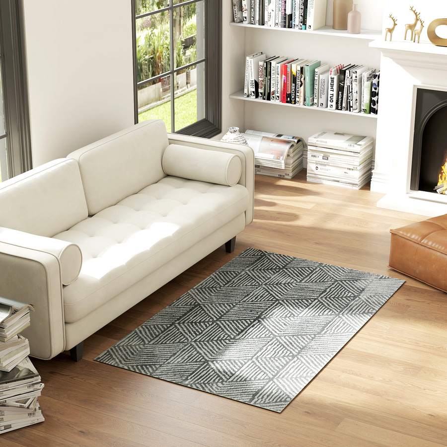 HOMCOM Kurzflor Wohnzimmerteppich im modernen Design, waschbarer Flächenteppich mit Streifenmuster, grau, B: 170 cm, T: 120 cm - Bild 2