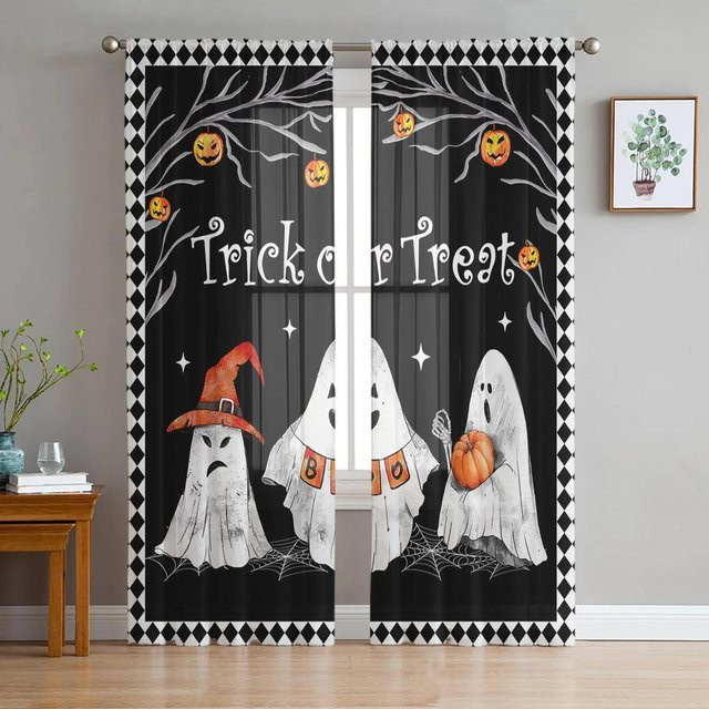 Yiran Furniture Halloween Tüll Vorhang mit Zeitungs-Design, Transparent Schwarz, B: 135 cm, H: 115 cm - Bild 1