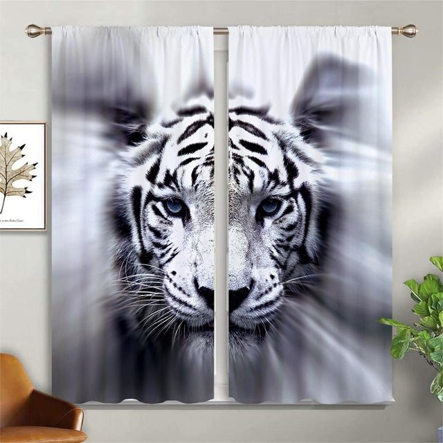 Yiran Furniture 3D Tier Vorhänge mit Löwen und Tiger Motiv, 2er Set halbtransparent, Mehrfarbig, B: 50 cm, H: 130 cm - Bild 1