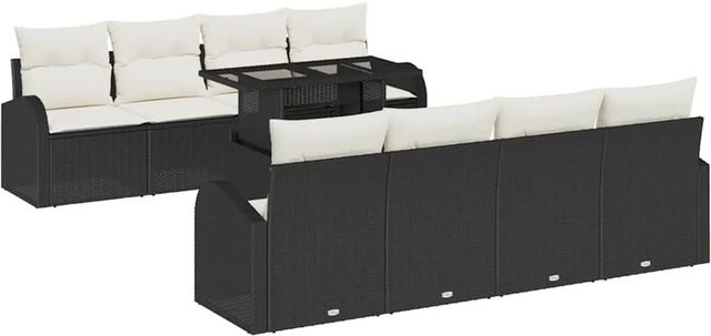 vidaXL Gartensofa-Set in U-Form mit Polsterkissen und Couchtisch, Schwarz, Poly-Rattan und Metall - Bild 1