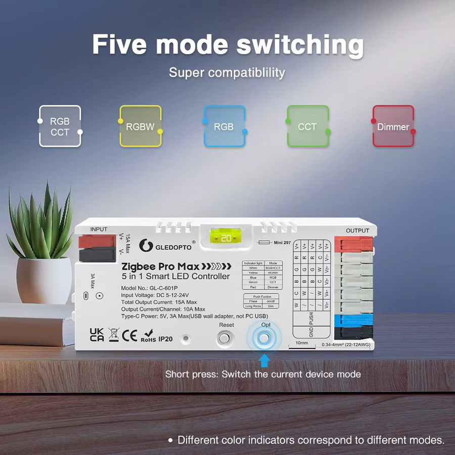 GLEDOPTO Pro Max ZigBee 3.0 LED-Controller 5-in-1 RGBCCT RGBW Dimmer in Weiß - Bild 2