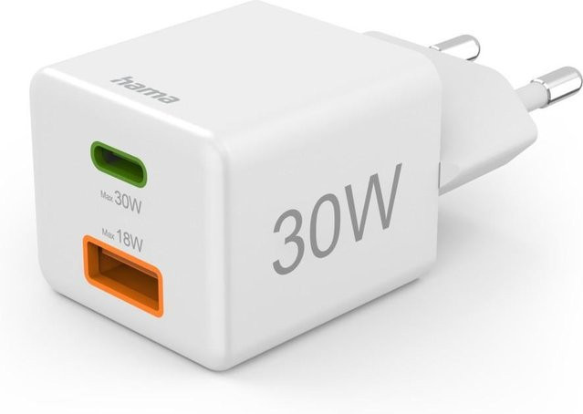 Hama Mini-Schnellladegerät mit 30 W Leistung, 1x USB-C und 1x USB-A, Weiß - Bild 1