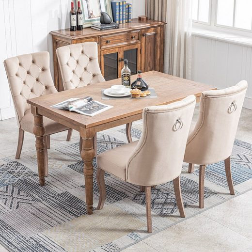 Aosom Set aus 4 ergonomischen Esszimmerstühlen mit Samtoptik in Beige und Knopfheftung - Bild 2