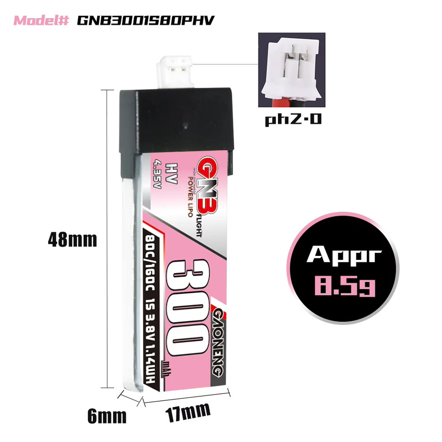 GNB LiPo Batterie 3,8 V 300 mAh 80C/160C für FPV Drohnen wie BetaFPV Beta75X, Happymodel Mobula6 und Mobula7 - Bild 2
