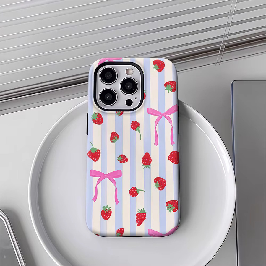 Handyhülle mit Erdbeeren und rosa Schleifen in Blau für Apple iPhone 12 bis iPhone 17 Pro Max Plus mit doppelschichtiger Rückseite - Bild 3