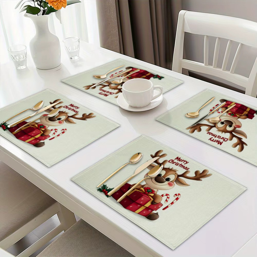 VIKAMA 4-teiliges Weihnachts-Tischset mit Rentier-Motiv und Goldrand aus Leinen in Multicolour - Bild 3