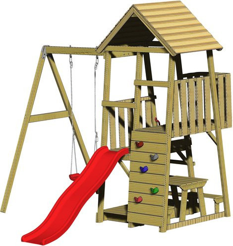Wendi Toys Kinderspielturm Gorilla aus Holz mit Rutsche, Schaukel, Kletterwand und Sitzecke, Farbe: Natur/Braun, B/H/T: 270 x 270 x 290 cm - Bild 3