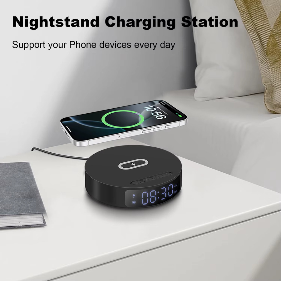 FDGAO 2-in-1 kabelloses Ladegerät und Wecker in Schwarz für iPhone und Samsung Galaxy sowie Galaxy Buds - Bild 2