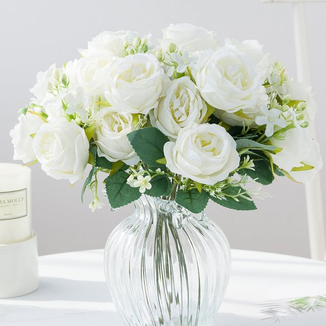 TTCY Künstliches Rosenbouquet aus Textil in Pink und Weiß für Tischdekorationen zu Hochzeit und Weihnachten - Bild 1