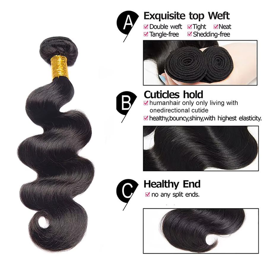 QZOQZO Body Wave Echthaar-Bündel, Natur Schwarz, 3 Stück, Unbehandeltes Jungfrauenhaar - Bild 3
