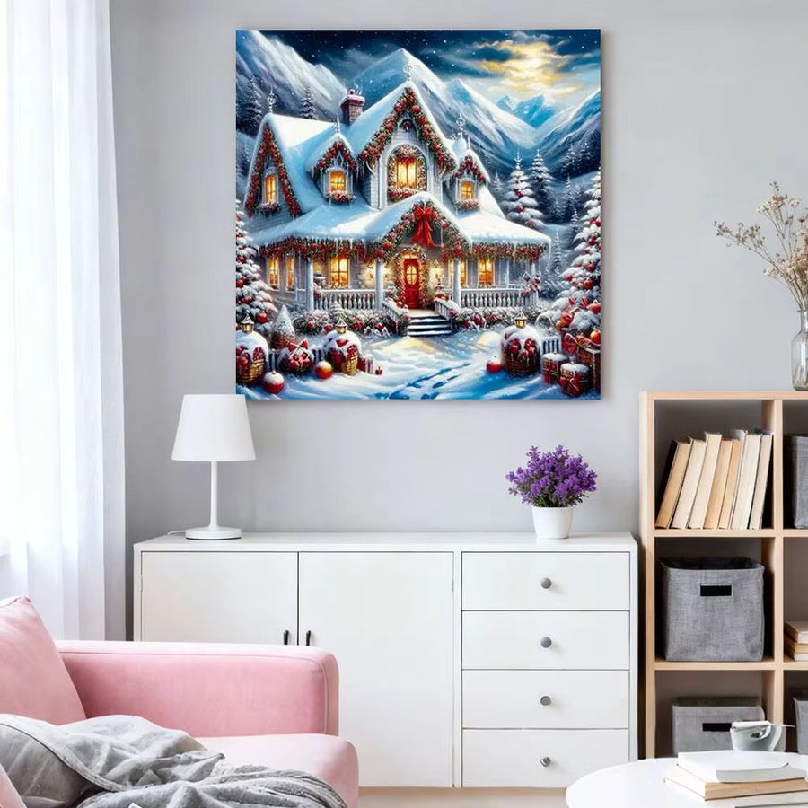 HUACAN Diamant-Malerei Winterlandschaft mit weihnachtlichem Haus als Wanddekoration mit runden Mosaik-Steinen - Bild 3