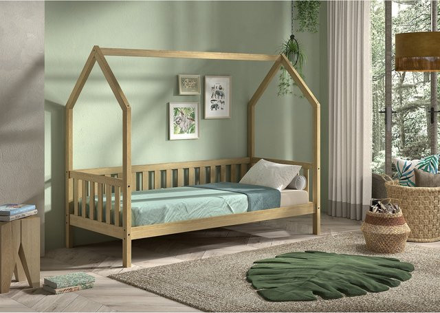 CABANE Hausbett für Kinder aus Eiche Massiv Natur mit seitlicher Umrandung, B/T/H: 90 x 200 x 80-90 cm - Bild 1