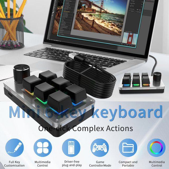 GGBEE Mechanische RGB Gaming-Mini-Tastatur mit 6 Tasten und Drehknopf, Kabelgebunden, Schwarz - Bild 1
