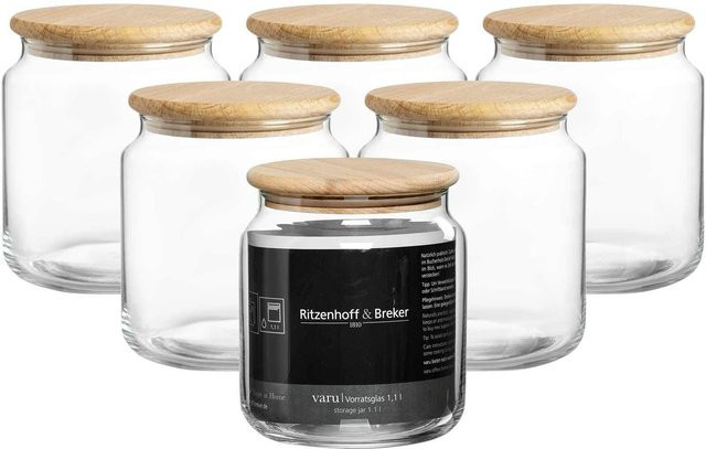 Ritzenhoff & Breker Varu Vorratsgläser Set aus Glas mit Holzdeckel, 6er Set, transparent, 1,1 l pro Glas, luftdicht und auslaufsicher - Bild 1