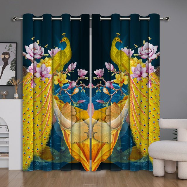 2er-Set Vintage Vorhänge mit Pfauenmuster in Blau, halbtransparent und kurz, B: 100 cm, H: 130 cm - Bild 1