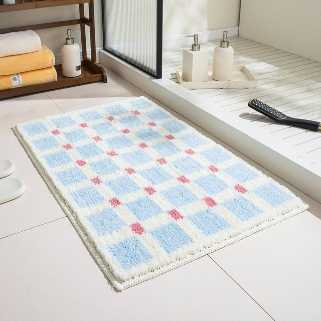 VIKAMA Teppich mit kariertem Muster in Blau Weiß Rosa, rechteckige Badezimmatte im skandinavischen Design, B/T: 60 x 40 cm - Bild 1