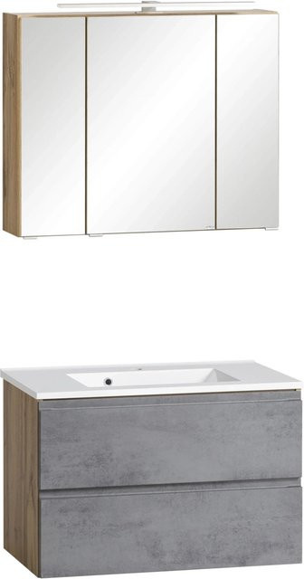 Held Möbel Waschtisch-Set Ancona in Betongrau und Wotaneiche mit Spiegelschrank, modern, wandmontiert, mit LED-Beleuchtung und Rasiersteckdose - Bild 1