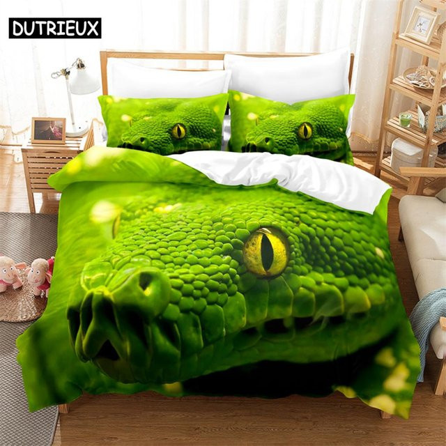 Binchi Outdoor Product Bettwäsche-Set Grüne Schlange 3D Digitalprint aus Mikrofaser, bestehend aus Bettbezug und Kissenbezug, Breite: 140 cm, Höhe: 210 cm - Bild 1