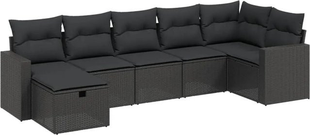 vidaXL 7-tlg Garten-Sofagarnitur aus Poly-Rattan mit Kissen, Schwarz - Bild 1