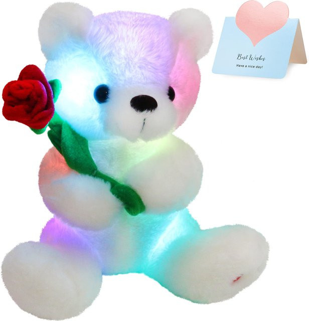 Wucifang Bags Leuchtender weißer Teddybär mit Rose als weiches LED-Stofftier Nachtlicht - Bild 1