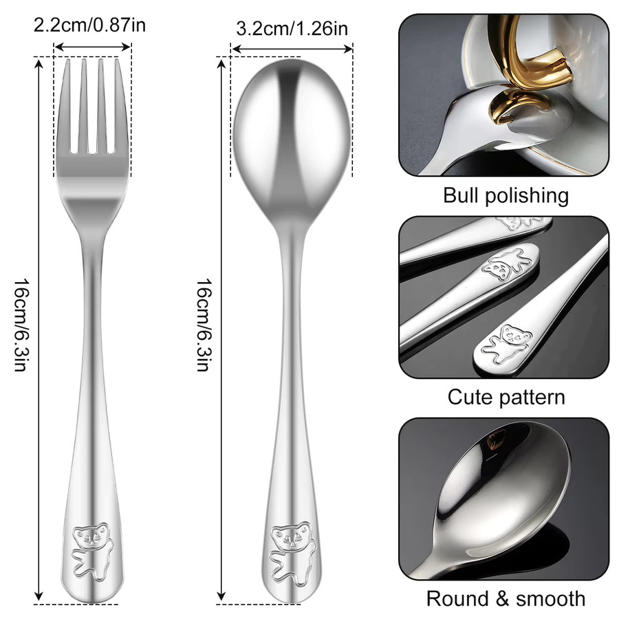 Willstar Kinder Besteck Set aus Edelstahl mit Gabel und Löffel im Cartoon Bär Design, 10 Stück, Silber - Bild 2