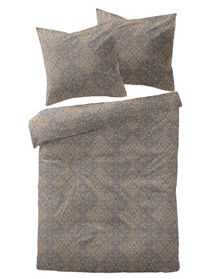 Dormisette Mako Satin Bettwäsche mit Ornamenten in Ocker und Blaugrau, Set bestehend aus Bettbezug und Kissenbezug, B/H: 135 x 200 cm und 80 x 80 cm - Bild 1