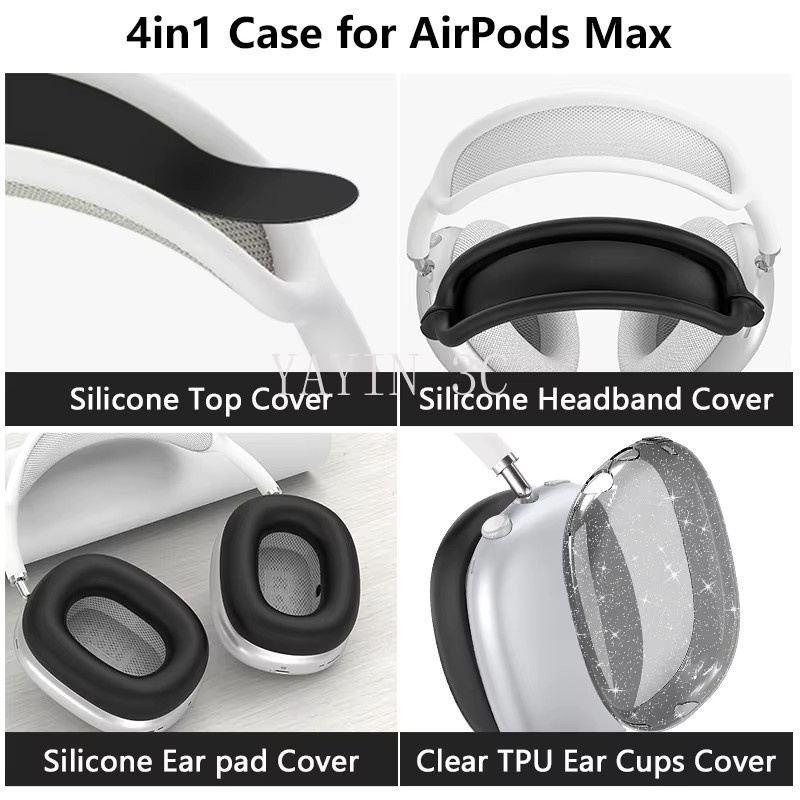 Transparente 4-in-1 Schutzhülle aus Silikon und TPU für Apple AirPods Max in Violett mit stoßfesten Ohrpolstern und 360 Grad Rundumschutz - Bild 1