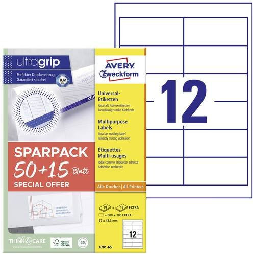 Avery Zweckform 4781-65 Universal-Etiketten Weiß, 65 Blatt, Permanent haftend für Tintenstrahldrucker und Laserdrucker, Etikettengröße: 97 x 42,3 mm - Bild 1