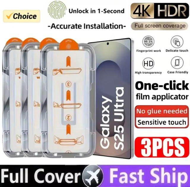 NNBILI 3er Set Displayschutzglas mit Ultraschall-Fingerabdruck-Entriegelung für Samsung Galaxy S25 S24 S23 S22 Ultra Plus, transparent mit oleophober Beschichtung - Bild 1