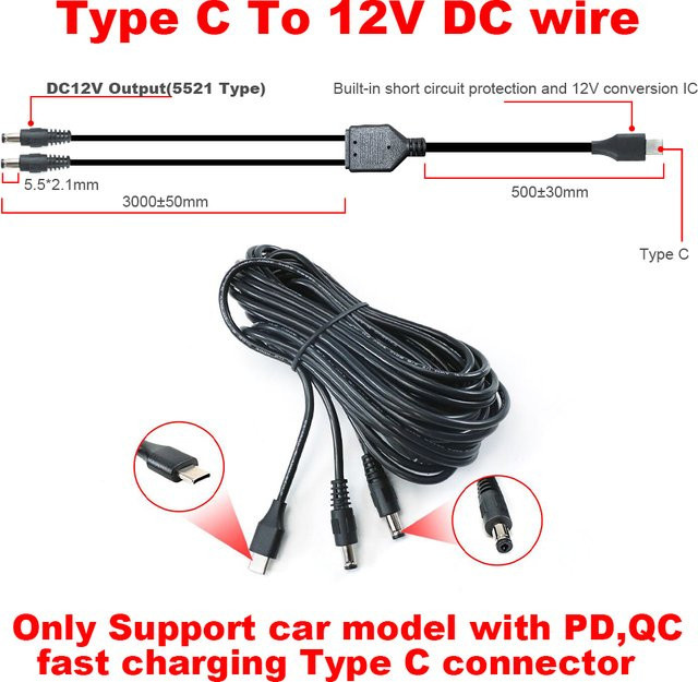 Carsanbo USB-C Schnellladekabel für Autos mit PD und QC Unterstützung, Dual DC12V 3A 5,5x2,1mm, Schwarz - Bild 1