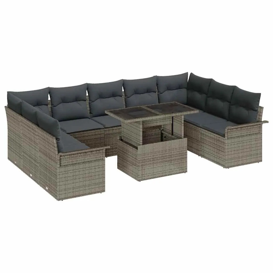 vidaXL Garten-Sofa-Set aus Poly Rattan in Grau mit 10 Teilen und Kissen - Bild 2