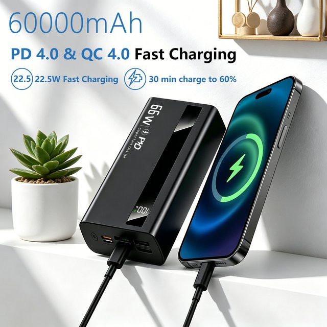 InTessry Powerbank mit 60000mAh Superkapazität, 66W Schnellladefunktion, digitale Anzeige und weißem Lithium-Polymer-Akku für mehrere Geräte - Bild 1