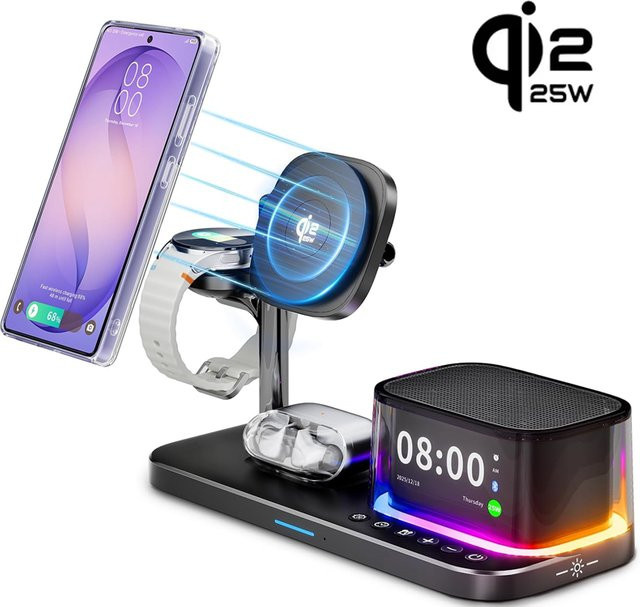 XIKCU 7-in-1 Magnetische 25W Kabellose Ladestation mit Bluetooth-Lautsprecher für iPhone 16-17 Pro Max, Apple und Samsung Watch, Schwarz - Bild 1