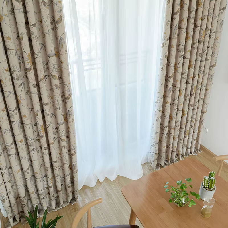 Yaapeet Vorhänge aus Baumwolle und Leinen in Beige mit Zweig-Print im Vintage-Stil, Breite: 120 cm, Höhe: 100 cm - Bild 2