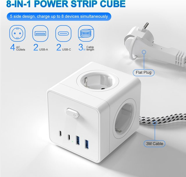 HITRENDS Multifunktions-Steckdosenleiste in Weiß mit EU-Stecker, 2 USB-C-Ladeanschlüssen und 3 m langem geflochtenem Kabel für Desktop und Wand - Bild 1