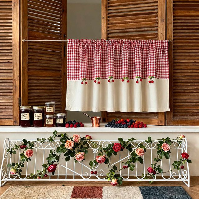 Tiyana Café Vorhang mit Karomuster und Kirschdekor, Halb-Blackout Kurzvorhang für Wohnzimmer, Küche oder Schlafzimmer, Rot/Braun, Breite: 60 cm, Höhe: 100 cm - Bild 1