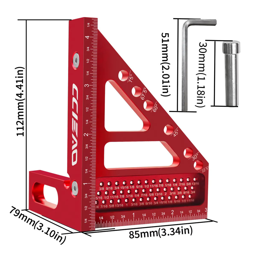 FNICEL Imperial 3D-Mehrwinkel-Messlineal aus Aluminiumlegierung in Rot für Holzbearbeitung und Ingenieurwesen - Bild 2