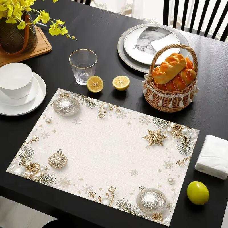 VIKAMA Weihnachts-Tischsets mit Sternen, Kugeln und Kiefernzweigen in Silber und Weiß, 4 oder 6 Stück - Bild 2