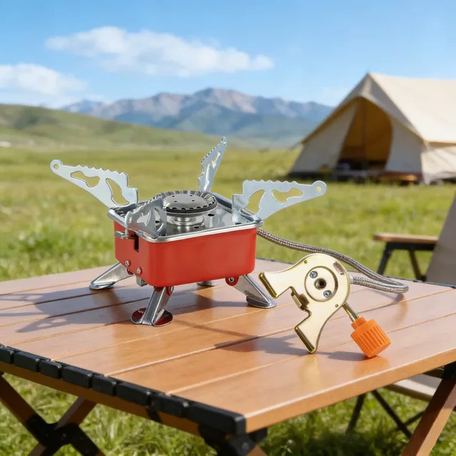 Ouhoe Tragbarer Campingbrenner in Rot, faltbar und winddicht für Wandern und Picknick - Bild 1