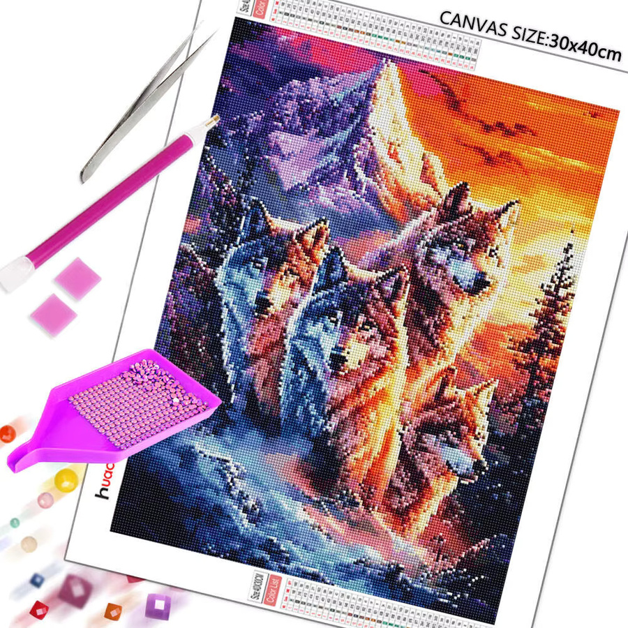 Huacan DIY Diamantmalerei Wolf in der Schneelandschaft als dekoratives Mosaik-Gemälde in Multicolour, B/H: 30 x 20 cm - Bild 2
