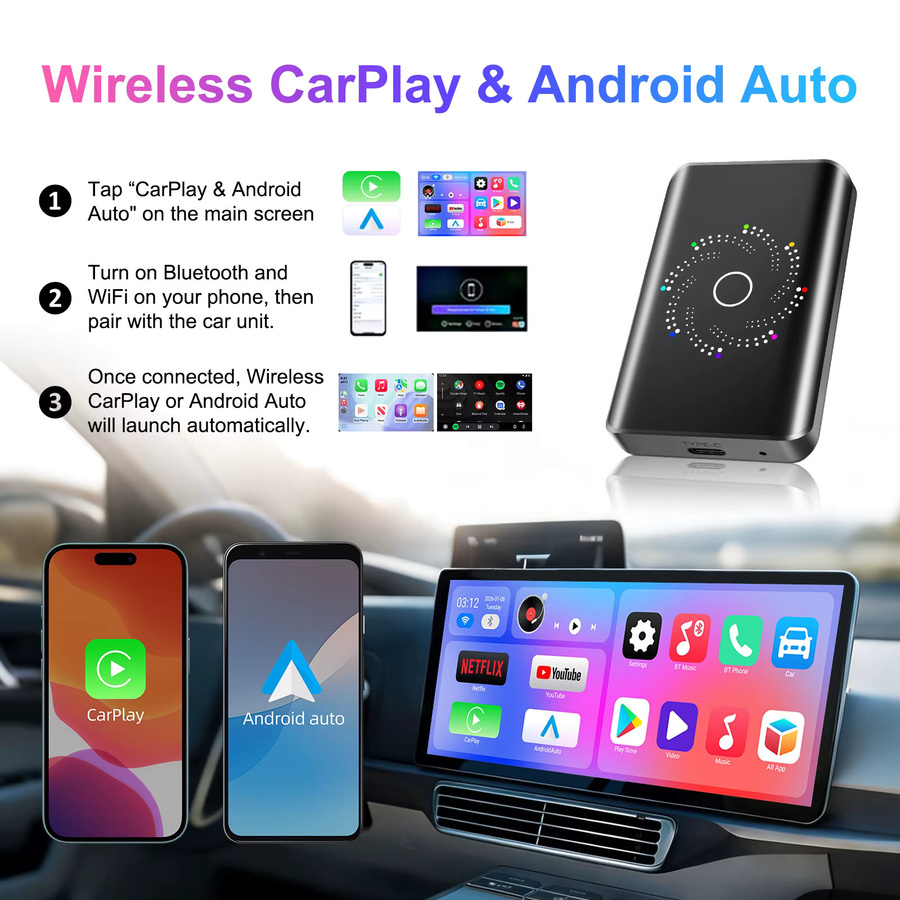 EzoneTronics Android 14 CarPlay AI Box Kabelloser CarPlay und Android Auto Adapter mit Spiegelteiler für YouTube und Netflix in Schwarz oder Weiß - Bild 4