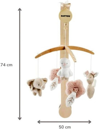 Nattou FanFan Mobile Spieluhr aus Holz und Textil mit Tieren in Beige, Rosa und Mehrfarbig