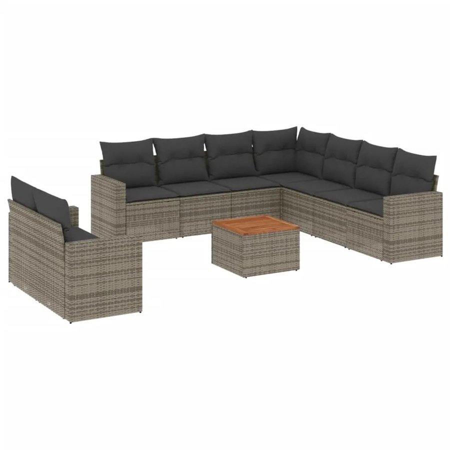 vidaXL 10-teilige Garten-Sofagarnitur aus Poly-Rattan und Akazienholz in Grau mit Kissen - Bild 2