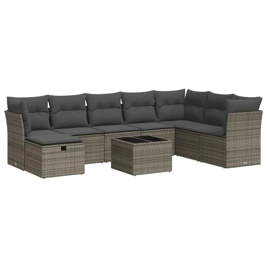 vidaXL 9-tlg. Garten-Sofagarnitur in L-Form aus Polyrattan mit Kissen und Couchtisch, Grau - Bild 2