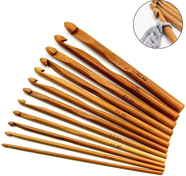 NOTIONSLAND 12-teiliges Häkelnadel-Set mit Bambusgriff in Braun, Stricknadeln aus Holz für DIY-Garnprojekte, 3–10 mm - Bild 1
