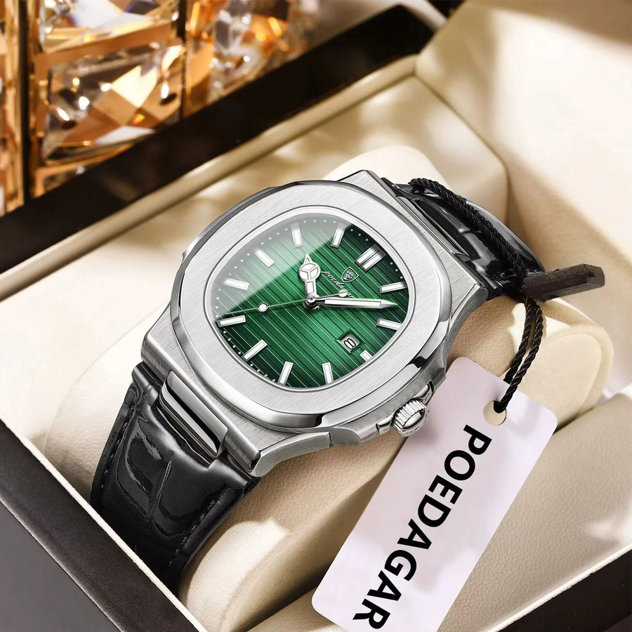 POEDAGAR Armbanduhr Quarz, Leder, Silber, Datum, Herren - Bild 2