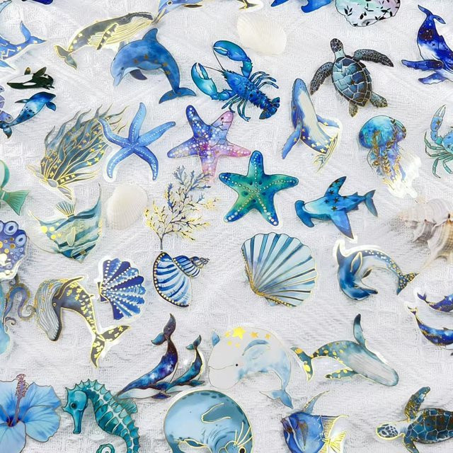 Wasserdichte transparente PET Aufkleber mit Unterwasser-Motiven in Multicolour für Notebook und Schreibwaren (50 Stück) - Bild 1