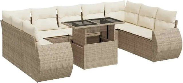 vidaXL 10-tlg. Garten-Sofagarnitur in L-Form aus Poly-Rattan mit Kissen und Couchtisch in Beige und Weiß - Bild 1